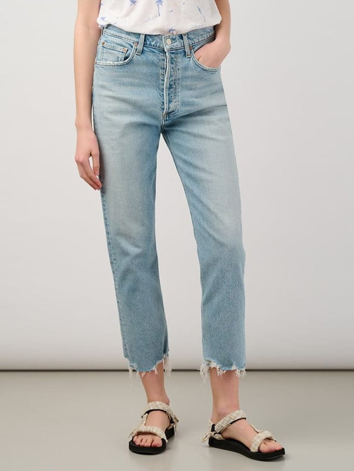 Preppy Style Cut Out High Waist Frayed Straight Leg Jeans - Blue