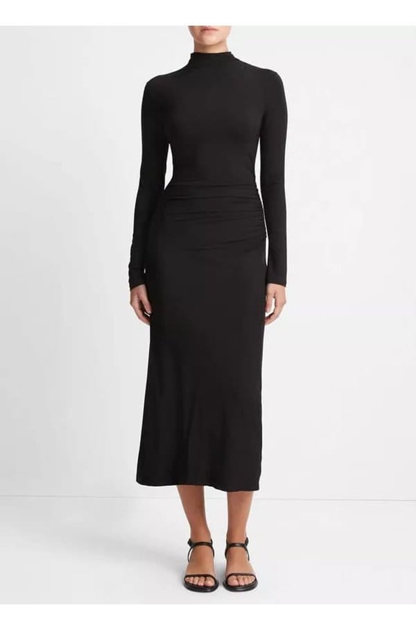 ruched turtleneck dress in black