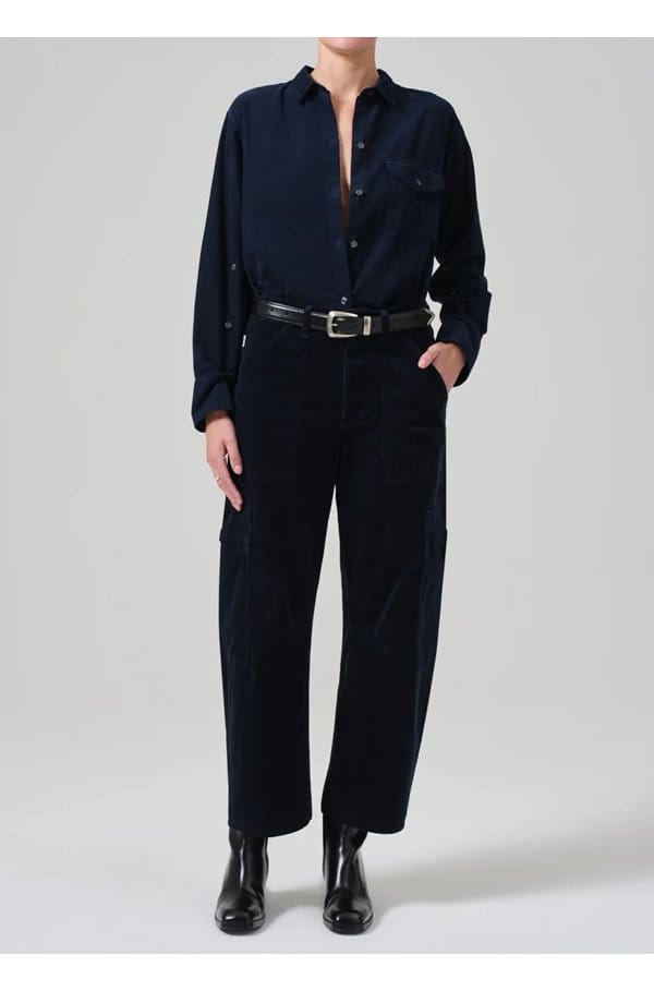 marcelle low slung easy cargo in navy corduroy