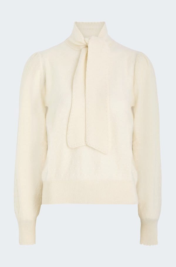 pointelle tie neck sweater in cream