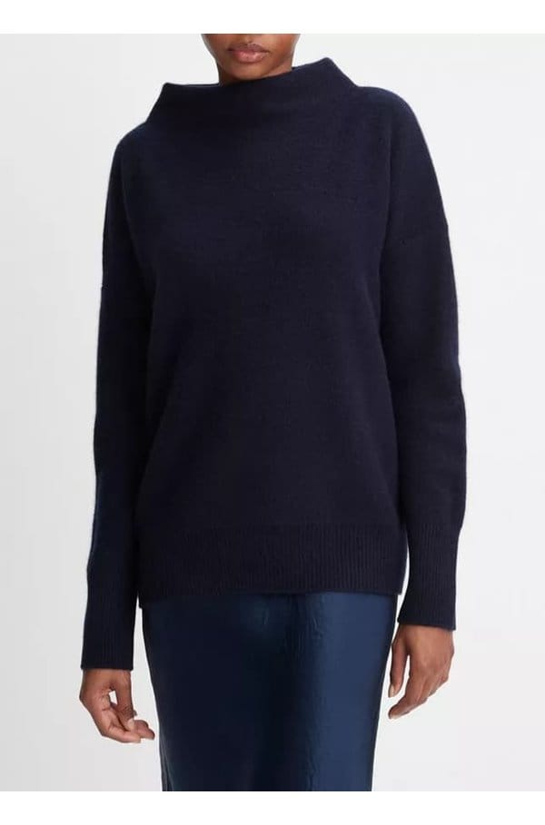 plush cashmere funnel neck sweater in coastal blue