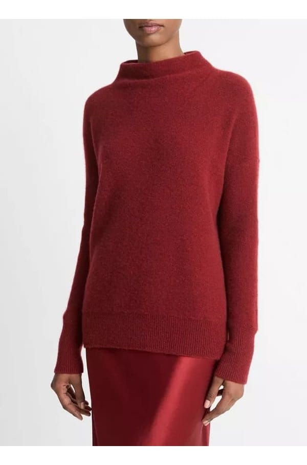 plush cashmere funnel neck sweater in heather ruby ink