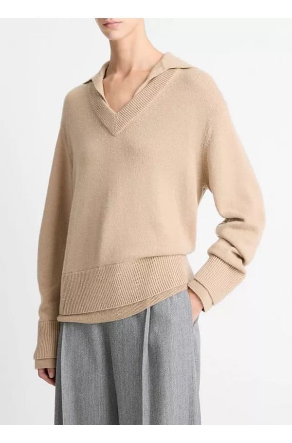 collared double layer pullover in camel