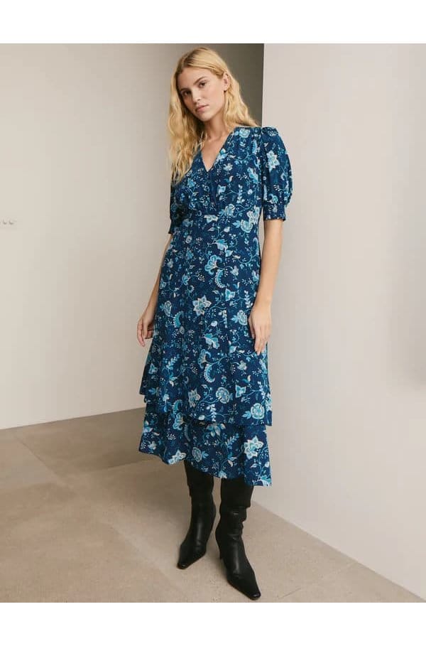 ayla silk midi dress in navy yellow trailing floral