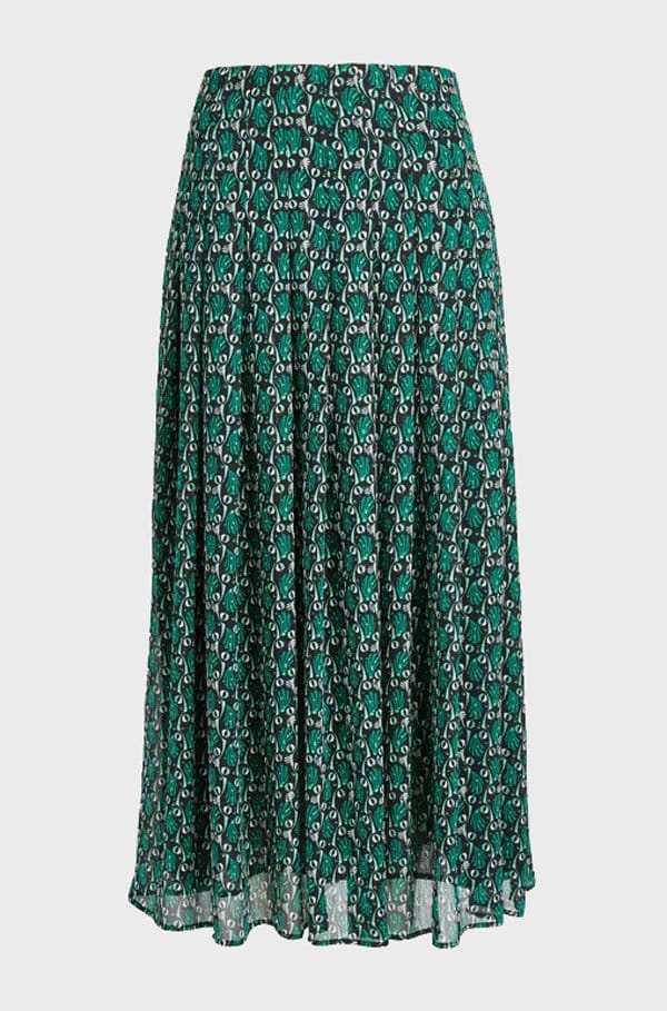 zinnia pleated midi skirt in green shell geo print