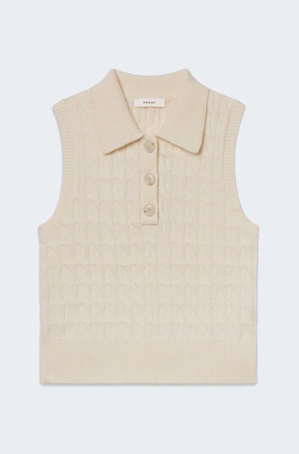 cable polo vest in cream