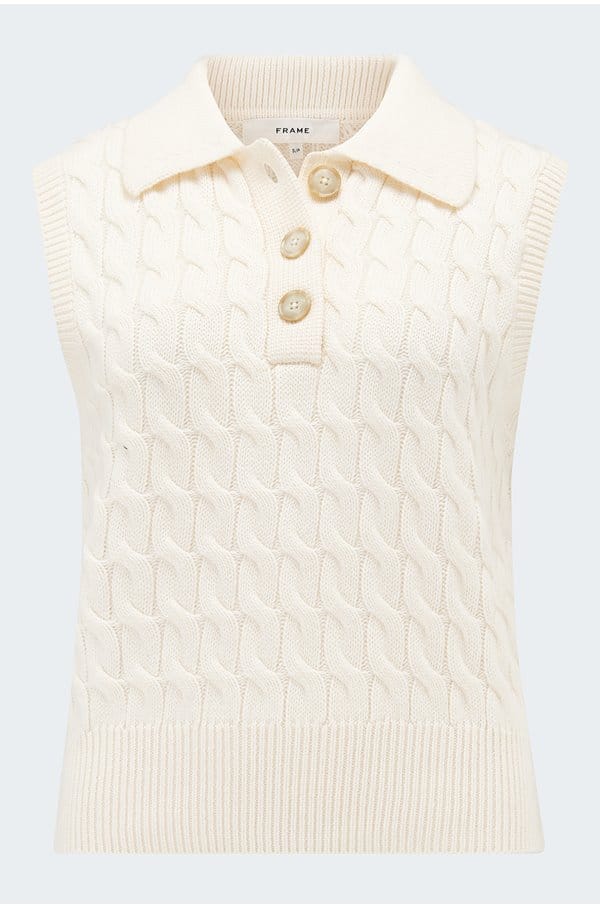 cable polo vest in cream