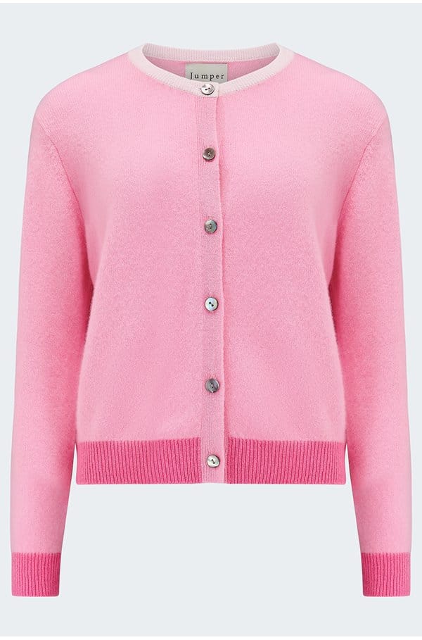 contrast rib cardigan in candy marshmallow azalea