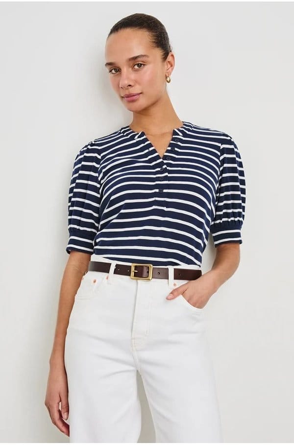 jewel top in navy ivory stripe