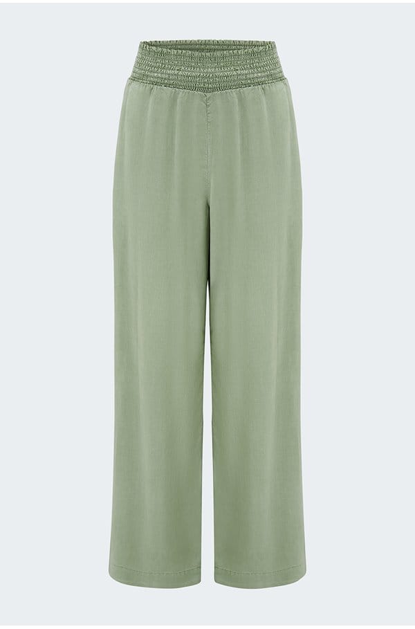 smocked waist wide pant in olive grove