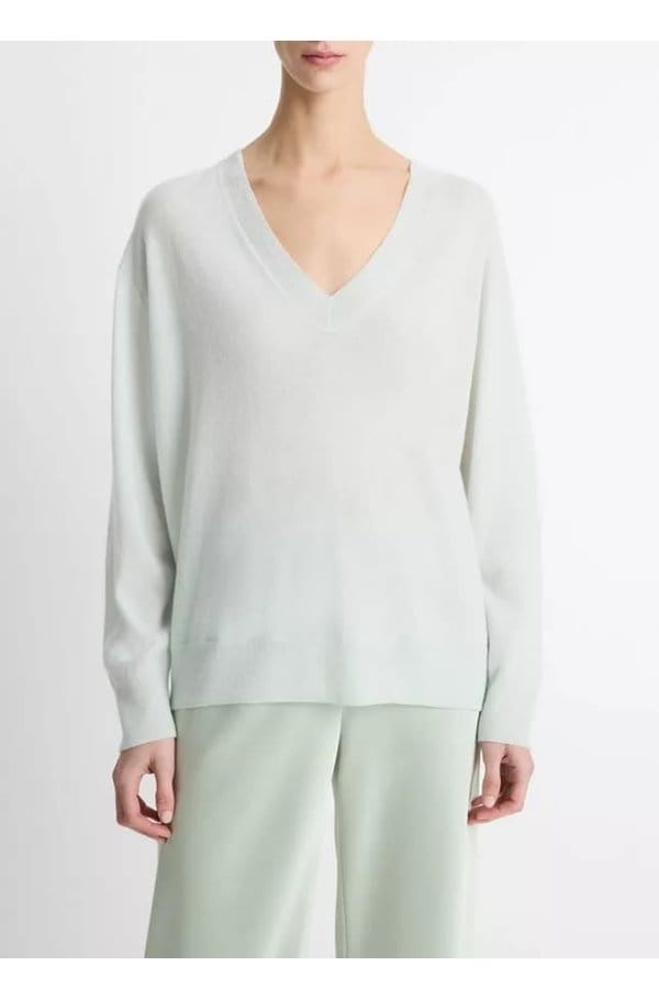 silk blend v neck sweater in sky mist