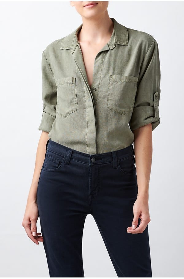 Trilogy Stores | Split Back Button Down Shirt in Soft Army