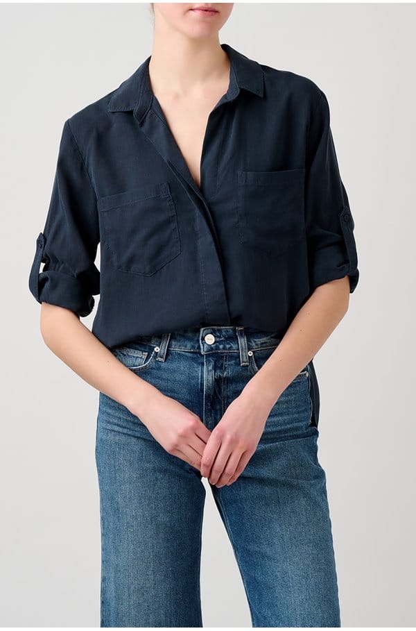 Trilogy Stores |Split Back Button Down Shirt in Endless Sea