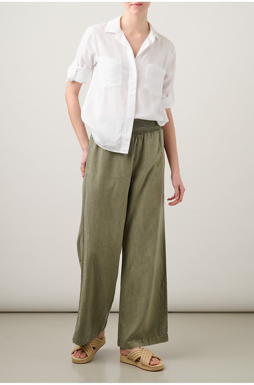 Trilogy Stores | Smocked Waist Wide Leg Pant in Soft Army