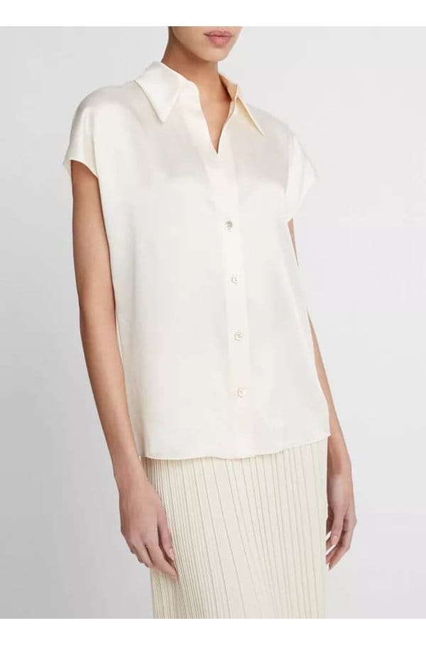 cap sleeve ruched back blouse in chiffon