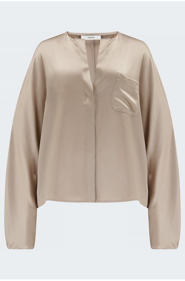 raw edge trim button front blouse in pale nut