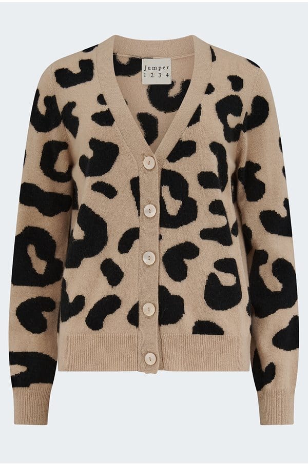 leopard cardigan in camel black multi