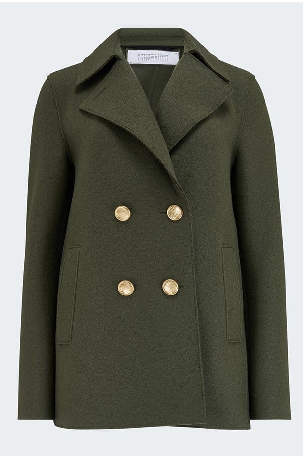 peacoat with gold buttons in hunting green