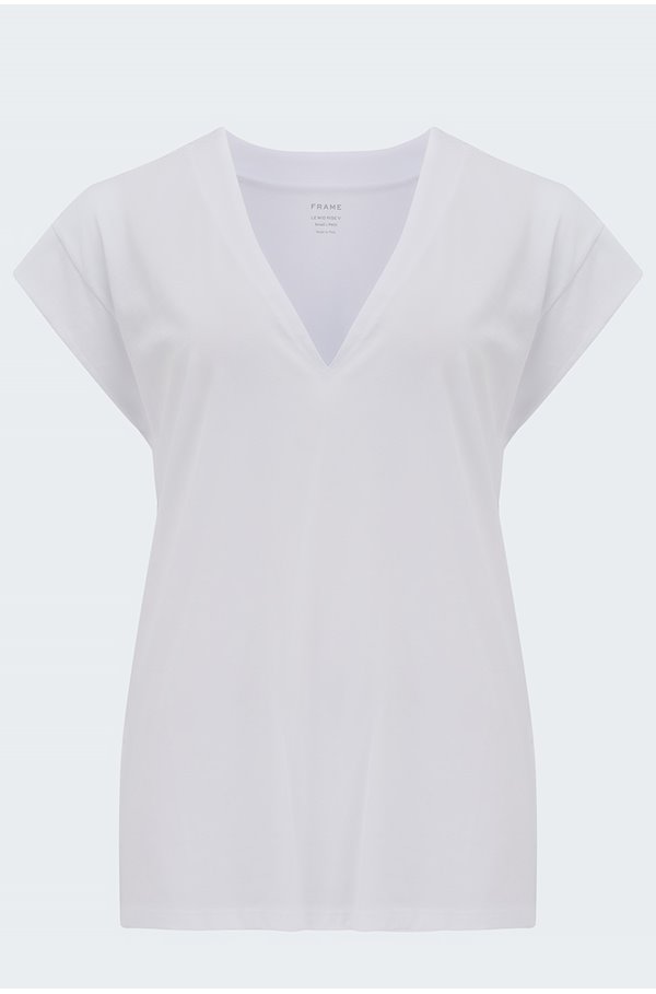 Frame Le Mid Rise V T-shirt In Blanc In Grey