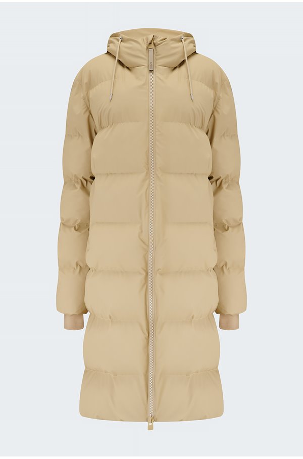 RAINS LONG PUFFER JACKET IN SAND