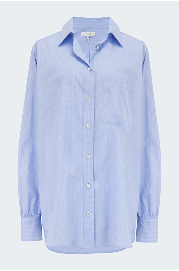 Frame Oversized Pocket Shirt In Chambray Blue In Grey